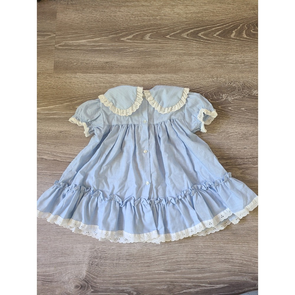 VTG Bryan Infant Girl's 24 Dress Geese Bows Lacy Ruffled Cottagecore Blue Farm - Picture 2 of 5